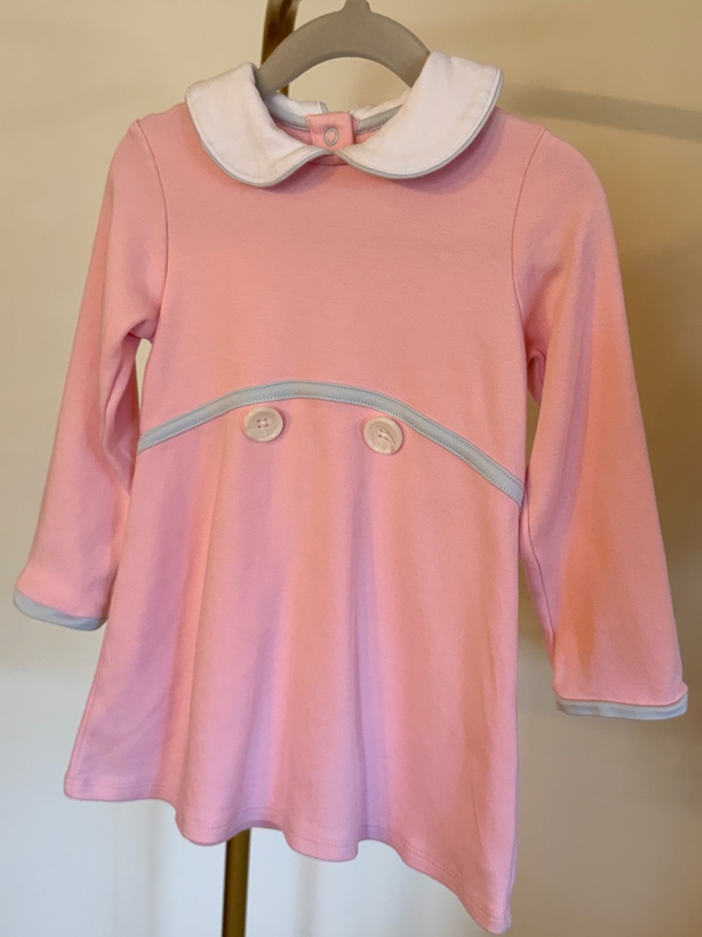 The Beaufort Bonnet Girls Pink Peter Pan Collar Dress with Grey Trim & Buttons